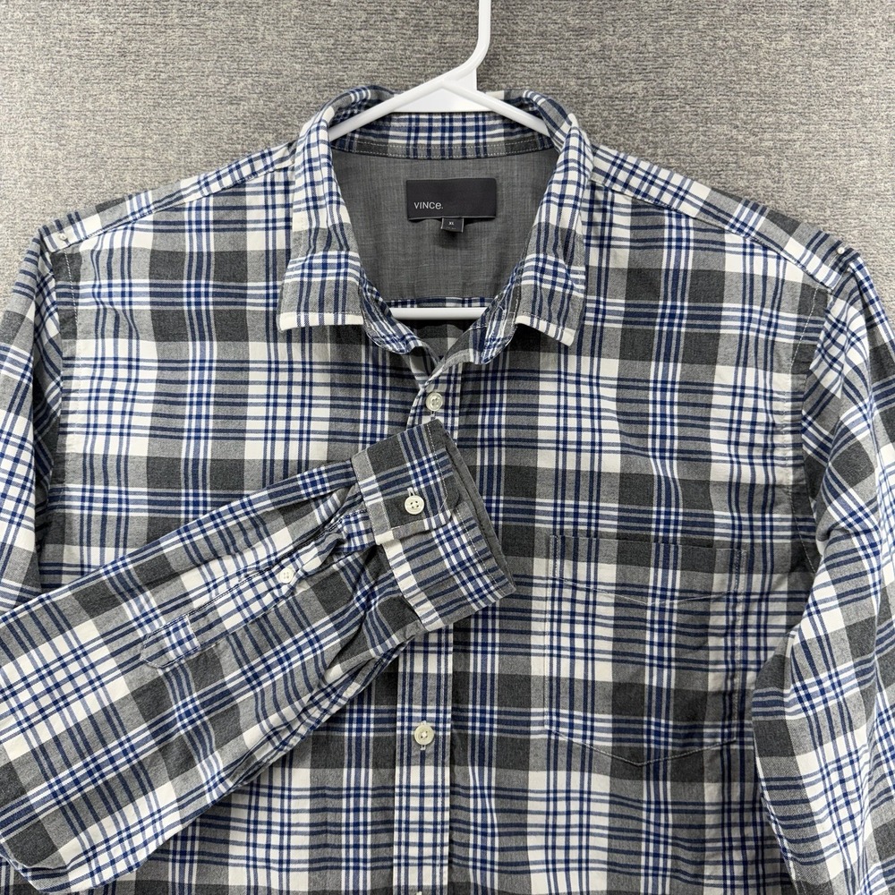 Vince Long Sleeve Shirt Men Size XL Plaid Classic 100% Cotton Gray